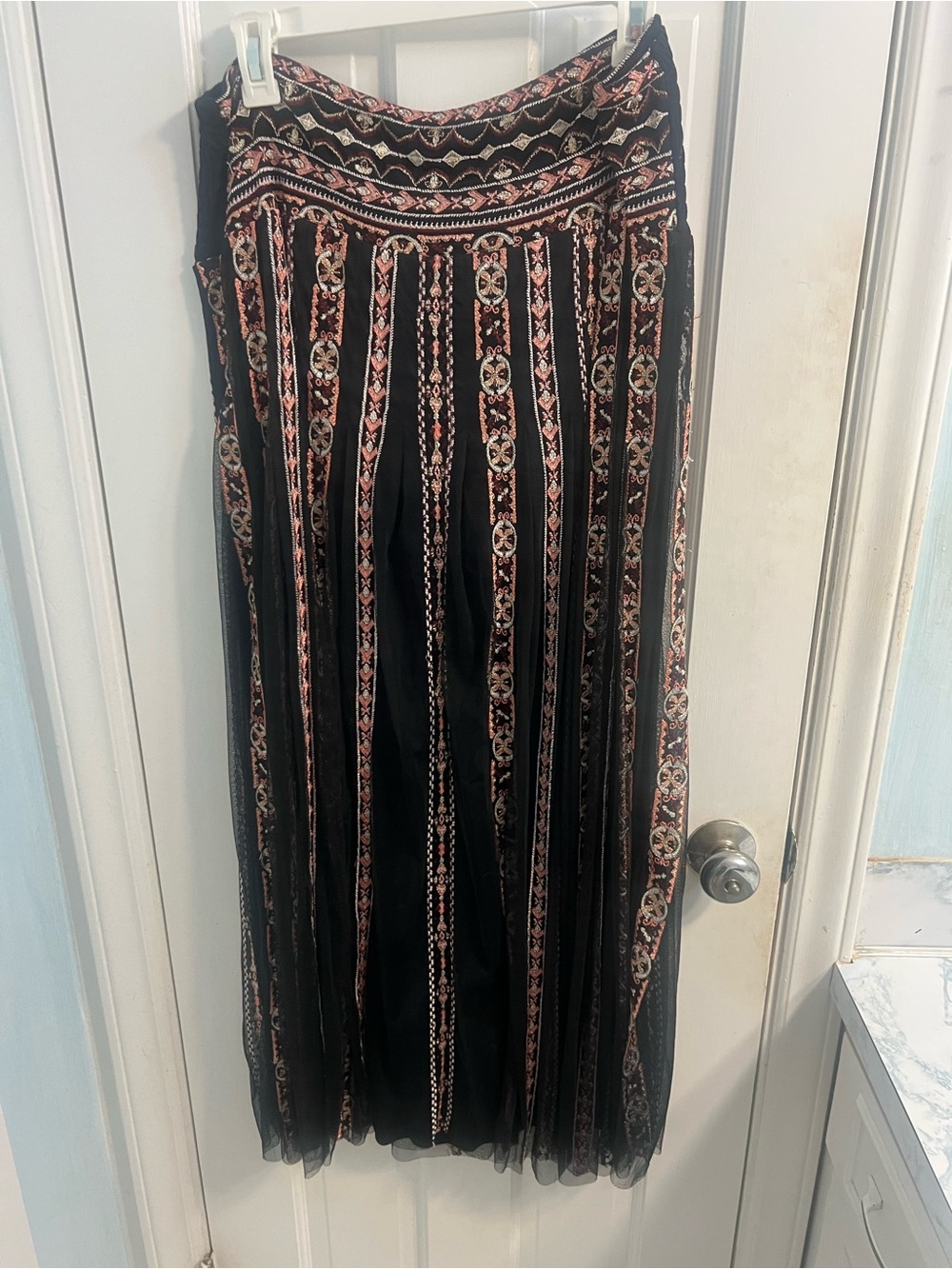 Soft Surroundings Black Maxi Skirt with Pink and Cream Embroidery